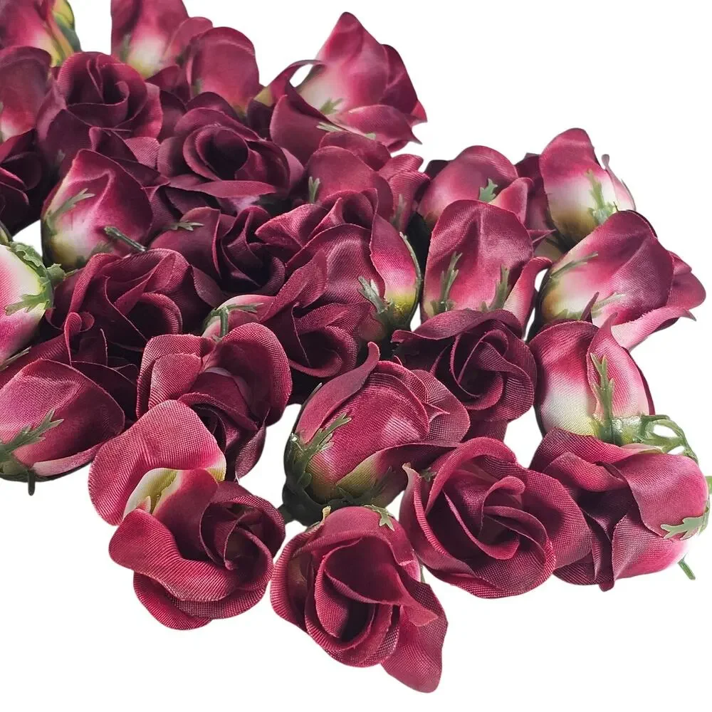 50 Wine Red Satin Rose Buds Stemless Wedding Floral Craft DIY 2 inch Burgundy